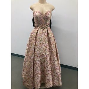 Pink Flower Print Prom Dress with Stud and Metallic Details